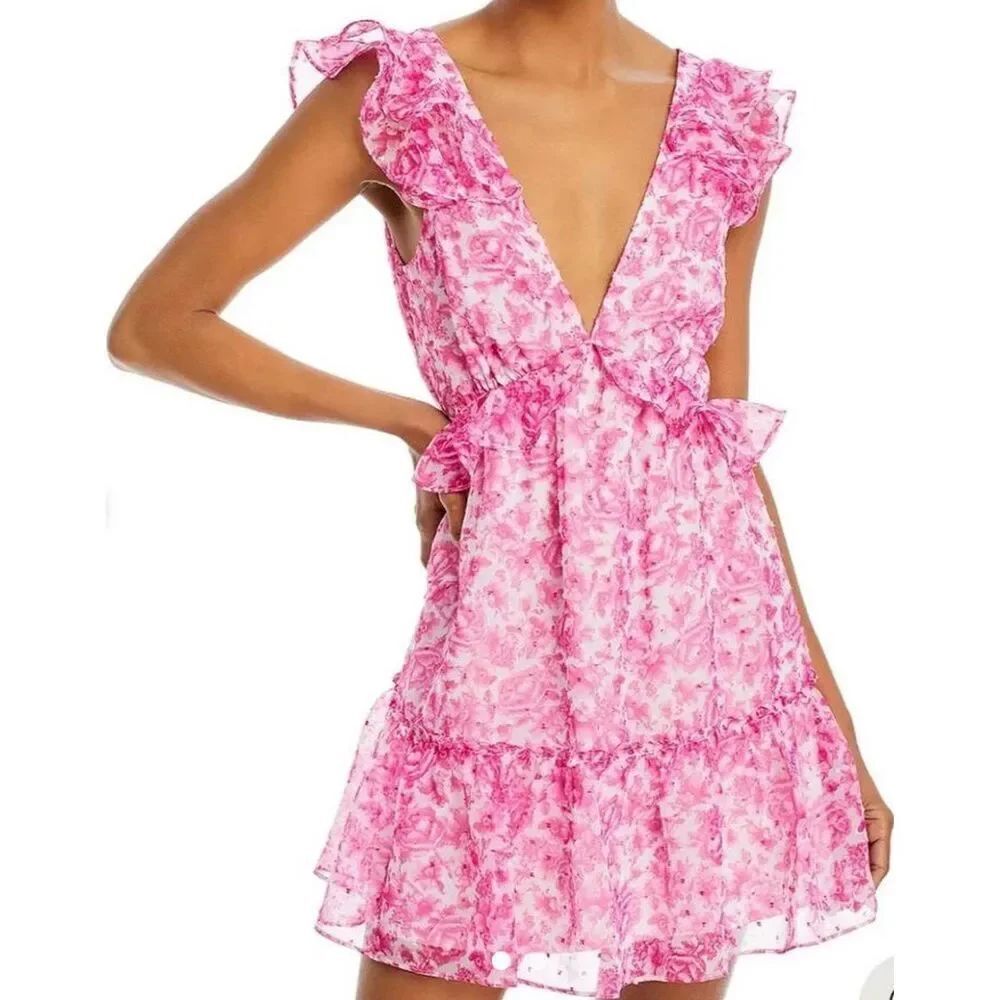 Aqua Floral Ruffle Trim Mini Dress in Pink NWT Size XXL